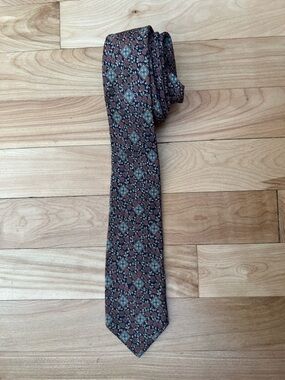 Vintage Paco Rabanne Brown and Navy Floral-Geometric Silk Tie